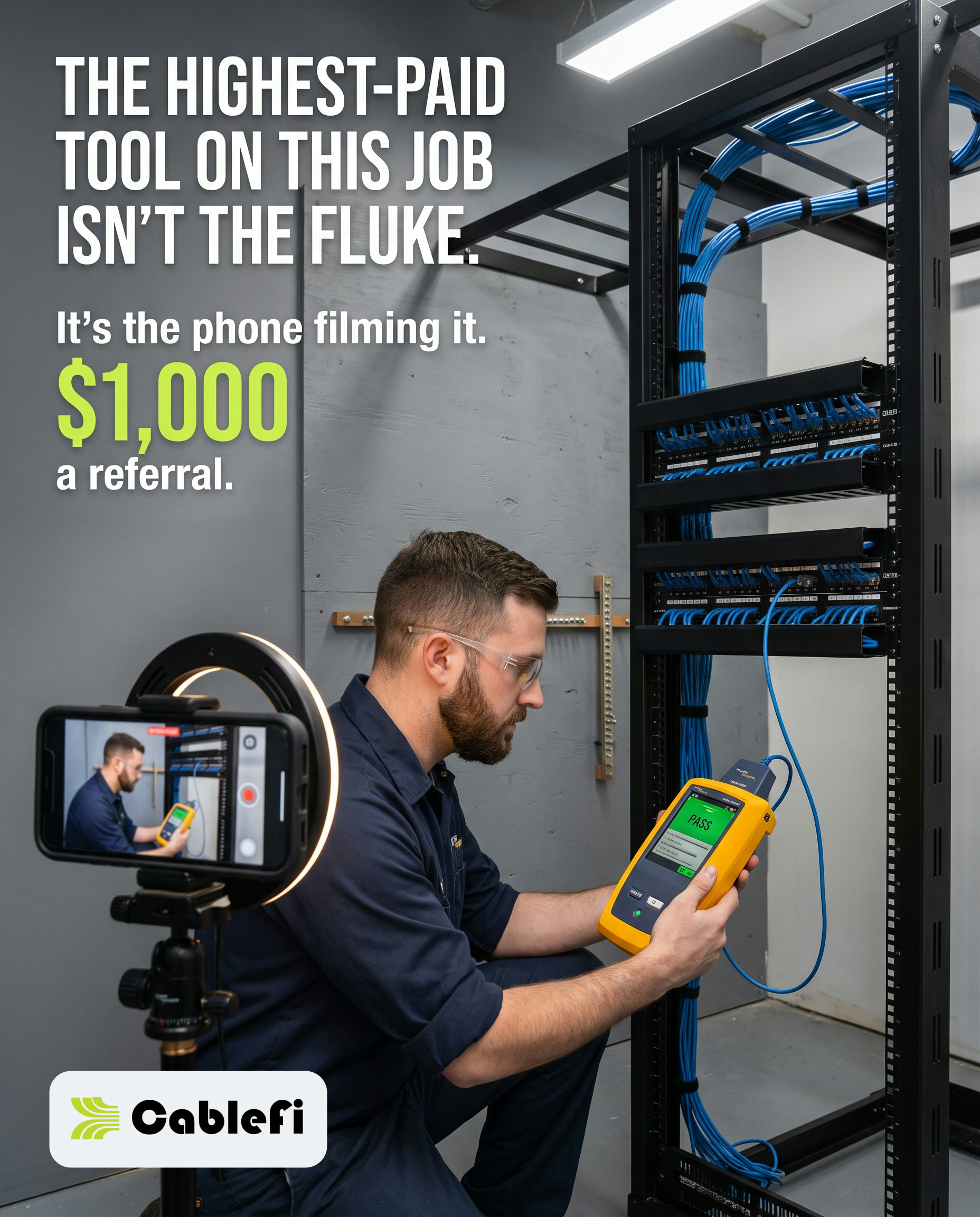 A low-voltage tech holds a cable certifier showing PASS at a rack while his phone on a tripod films him