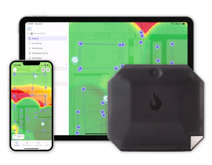 Hamina onsite wireless site survey app on iPad and iPhone with predictive Wi-Fi heatmap and survey sensor